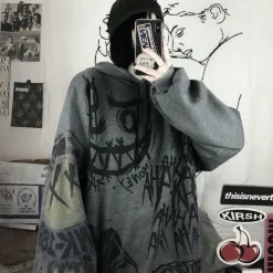 Smile Face Print Oversized Hoodie Sweater Punk Goth Hip-Hop Street BF Style Harajuku Women's Adults' Halloween Casual Daily