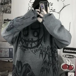 Smile Face Print Oversized Hoodie Sweater Punk Goth Hip-Hop Street BF Style Harajuku Women's Adults' Halloween Casual Daily