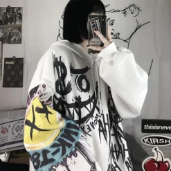 Smile Face Print Oversized Hoodie Sweater Punk Goth Hip-Hop Street BF Style Harajuku Women's Adults' Halloween Casual Daily