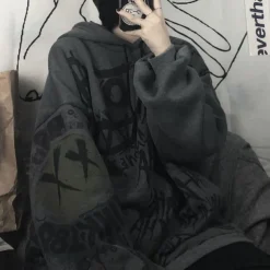 Smile Face Print Oversized Hoodie Sweater Punk Goth Hip-Hop Street BF Style Harajuku Women's Adults' Halloween Casual Daily