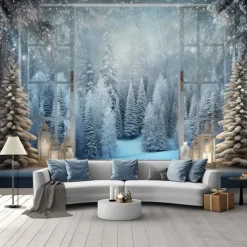 Snow Window Hanging Tapestry Winter White Wall Art Large Tapestry Mural Decor Photograph Backdrop Blanket Curtain Home Bedroom Living Room Decoration