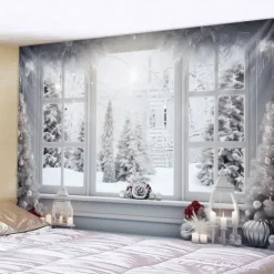 Snow Window Hanging Tapestry Winter White Wall Art Large Tapestry Mural Decor Photograph Backdrop Blanket Curtain Home Bedroom Living Room Decoration