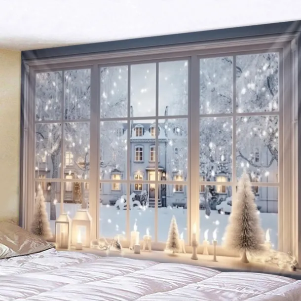 Snow Window Hanging Tapestry Winter White Wall Art Large Tapestry Mural Decor Photograph Backdrop Blanket Curtain Home Bedroom Living Room Decoration