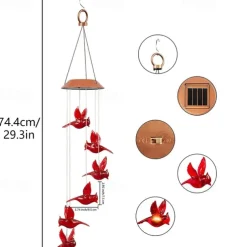 Solar Cardinal Red Bird Wind Chime LED Lights Spinners Spiral String Hanging Outdoor Garden Home Wall Decorations Red
