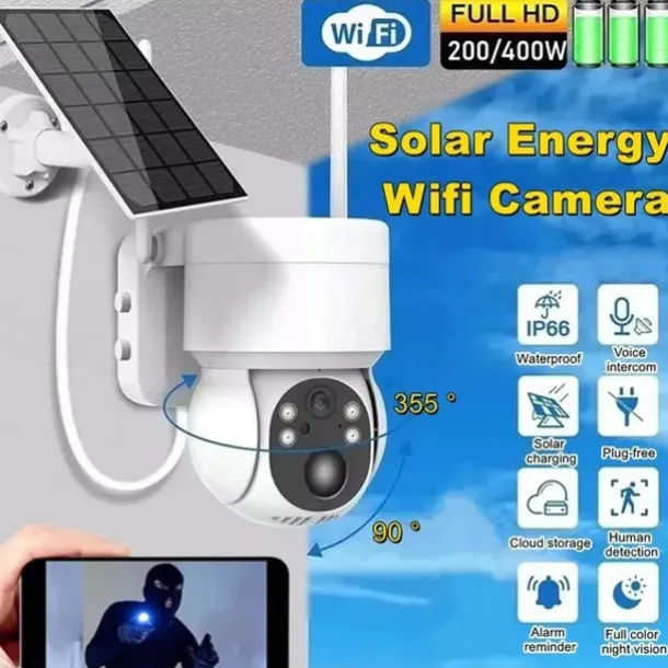 Solar Charging Waterproof Outdoor IP Security Surveillance Cam Wireless WiFi PTZ Camera Speed Dome CCTV Full Color Night Vision Motion Detection Built-in Large Batteries Two-Way Audio