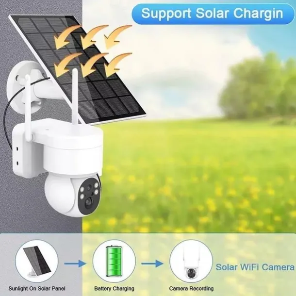 Solar Charging Waterproof Outdoor IP Security Surveillance Cam Wireless WiFi PTZ Camera Speed Dome CCTV Full Color Night Vision Motion Detection Built-in Large Batteries Two-Way Audio