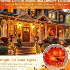 Solar 3D Pumpkin Maple Leaf String Lights 6.5m 30LED Outdoor Waterproof Garden Light Autumn Thanksgiving Christmas Wedding Party Holiday Yard Home Balcony Decoration