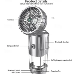 Solar Electric Fan Camping Lamp with Bluetooth Speaker Portable Switch Camping Lamp Lithium Battery Solar USB Charging