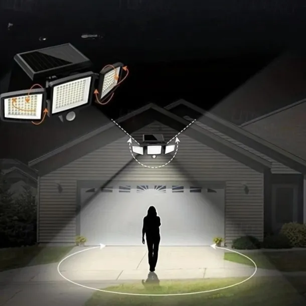 Solar Flood Lights Outdoor Lights 3-Head Motion Sensor Light 2500Lumens 210LEDs Safety Light with Remote Control, IP65 Waterproof Wide-Angle Floodlight Wall Light