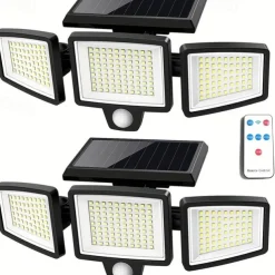 Solar Flood Lights Outdoor Lights 3-Head Motion Sensor Light 2500Lumens 210LEDs Safety Light with Remote Control, IP65 Waterproof Wide-Angle Floodlight Wall Light