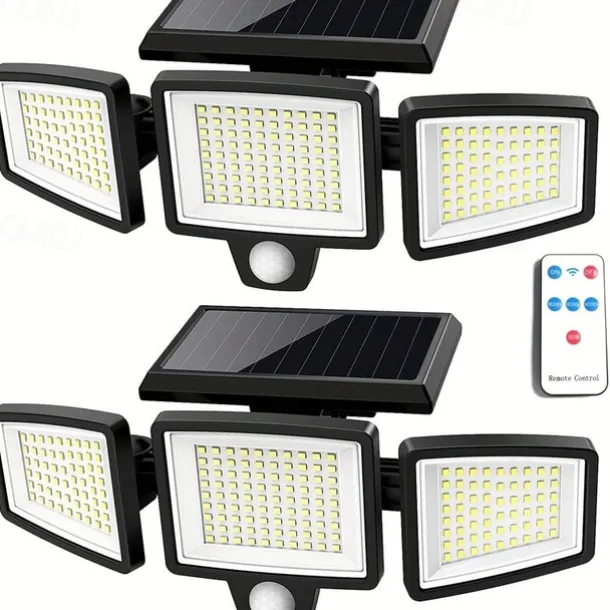 Solar Flood Lights Outdoor Lights 3-Head Motion Sensor Light 2500Lumens 210LEDs Safety Light with Remote Control, IP65 Waterproof Wide-Angle Floodlight Wall Light