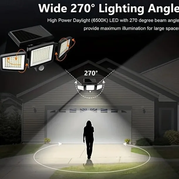 Solar Flood Lights Outdoor Lights 3-Head Motion Sensor Light 2500Lumens 210LEDs Safety Light with Remote Control, IP65 Waterproof Wide-Angle Floodlight Wall Light