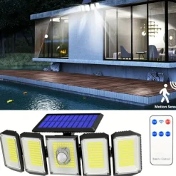 Solar Flood Lights Outdoor Motion Sensor 300 LED 5 Heads Solar Powered Motion Sensor with Remote Control Dusk To Dawn 3 Lighting Modes