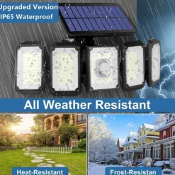 Solar Flood Lights Outdoor Motion Sensor 300 LED 5 Heads Solar Powered Motion Sensor with Remote Control Dusk To Dawn 3 Lighting Modes