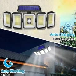 Solar Flood Lights Outdoor Motion Sensor 300 LED 5 Heads Solar Powered Motion Sensor with Remote Control Dusk To Dawn 3 Lighting Modes