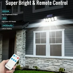 Solar Flood Lights Outdoor Motion Sensor 300 LED 5 Heads Solar Powered Motion Sensor with Remote Control Dusk To Dawn 3 Lighting Modes
