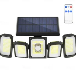 Solar Flood Lights Outdoor Motion Sensor 300 LED 5 Heads Solar Powered Motion Sensor with Remote Control Dusk To Dawn 3 Lighting Modes