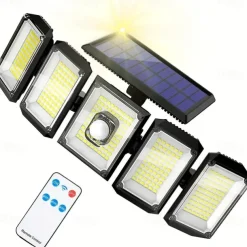 Solar Flood Lights Outdoor Motion Sensor 300 LED 5 Heads Solar Powered Motion Sensor with Remote Control Dusk To Dawn 3 Lighting Modes