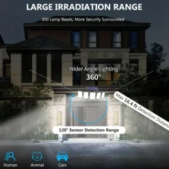 Solar Flood Lights Outdoor Motion Sensor 300 LED 5 Heads Solar Powered Motion Sensor with Remote Control Dusk To Dawn 3 Lighting Modes