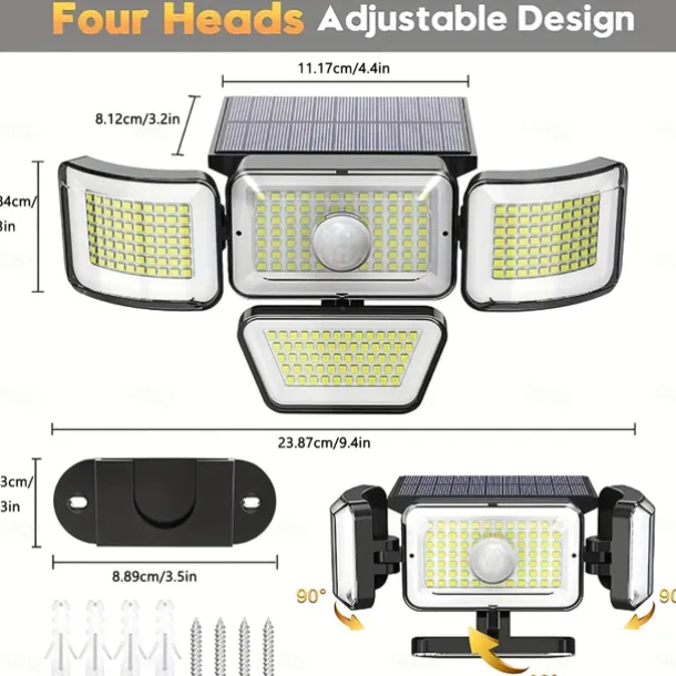 Solar Flood Lights Outdoor Lights 278LEDs 3000LM Motion Sensor Lights Solar Powered Lights 4 Heads Security Flood Lights IP65 Waterproof 300 Wide Angle Wall Lights With 3 Modes for Garden Yard Pathway