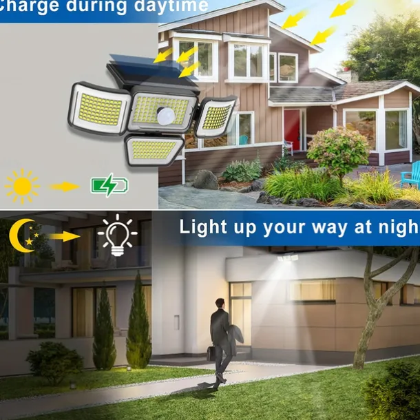 Solar Flood Lights Outdoor Lights 278LEDs 3000LM Motion Sensor Lights Solar Powered Lights 4 Heads Security Flood Lights IP65 Waterproof 300 Wide Angle Wall Lights With 3 Modes for Garden Yard Pathway