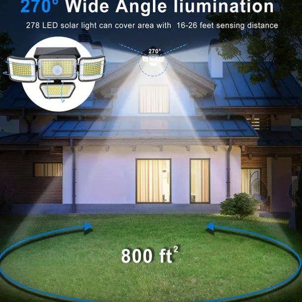 Solar Flood Lights Outdoor Lights 278LEDs 3000LM Motion Sensor Lights Solar Powered Lights 4 Heads Security Flood Lights IP65 Waterproof 300 Wide Angle Wall Lights With 3 Modes for Garden Yard Pathway