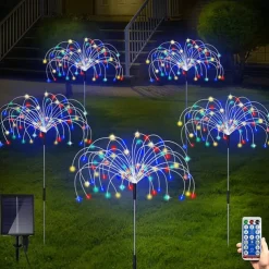 Solar Garden Lights Outdoor Firework Lights 5 Pack 120 LED Solar Lights Decorative Stake with Remote 8 Modes DIY Landscape Light Waterproof Lamps for Walkway Pathway Backyard Lawn
