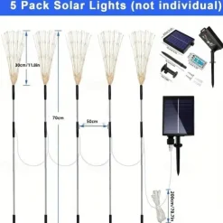Solar Garden Lights Outdoor Firework Lights 5 Pack 120 LED Solar Lights Decorative Stake with Remote 8 Modes DIY Landscape Light Waterproof Lamps for Walkway Pathway Backyard Lawn