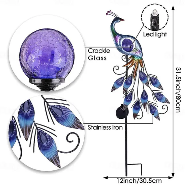 Solar Garden Lights Outdoor Metal Peacock Garden Decor Solar Path Light Stakes IP65 Waterproof Landscape Light for Outdoor Yard Walkway Patio Lawn Ornaments