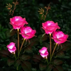 Solar Garden Rose Lights, Valentines Realistic LED Rose Flower Cemetery Decorations Stake Lights for Garden, Courtyard, Yard And Grave Decorative, Waterproof (Red, With 3 Lighted Flower Heads)