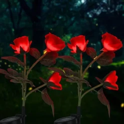 Solar Garden Rose Lights, Valentines Realistic LED Rose Flower Cemetery Decorations Stake Lights for Garden, Courtyard, Yard And Grave Decorative, Waterproof (Red, With 3 Lighted Flower Heads)