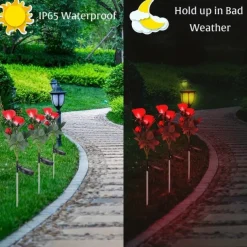 Solar Garden Rose Lights, Valentines Realistic LED Rose Flower Cemetery Decorations Stake Lights for Garden, Courtyard, Yard And Grave Decorative, Waterproof (Red, With 3 Lighted Flower Heads)