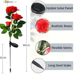 Solar Garden Rose Lights, Valentines Realistic LED Rose Flower Cemetery Decorations Stake Lights for Garden, Courtyard, Yard And Grave Decorative, Waterproof (Red, With 3 Lighted Flower Heads)