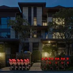 Solar Garden Rose Lights, Valentines Realistic LED Rose Flower Cemetery Decorations Stake Lights for Garden, Courtyard, Yard And Grave Decorative, Waterproof (Red, With 3 Lighted Flower Heads)