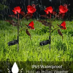 Solar Garden Rose Lights, Valentines Realistic LED Rose Flower Cemetery Decorations Stake Lights for Garden, Courtyard, Yard And Grave Decorative, Waterproof (Red, With 3 Lighted Flower Heads)