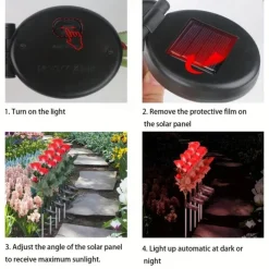Solar Garden Rose Lights, Valentines Realistic LED Rose Flower Cemetery Decorations Stake Lights for Garden, Courtyard, Yard And Grave Decorative, Waterproof (Red, With 3 Lighted Flower Heads)