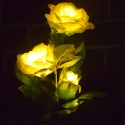 Solar Garden Rose Lights, Valentines Realistic LED Rose Flower Cemetery Decorations Stake Lights for Garden, Courtyard, Yard And Grave Decorative, Waterproof (Red, With 3 Lighted Flower Heads)