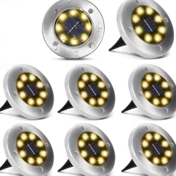 Solar Ground Lights 8LEDs Garden Lights Patio Disk Lights In-Ground Outdoor Landscape Lighting for Lawn Patio Pathway Yard Deck Walkway