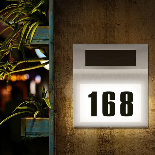 Solar House Number LED Address Sign Address Plaque Stainless Steel Door Number Light Outdoor Waterproof LED House Address Number Indicator Outdoor Garden Street Decoration Lighting Wall Light