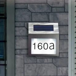 Solar House Number LED Address Sign Address Plaque Stainless Steel Door Number Light Outdoor Waterproof LED House Address Number Indicator Outdoor Garden Street Decoration Lighting Wall Light
