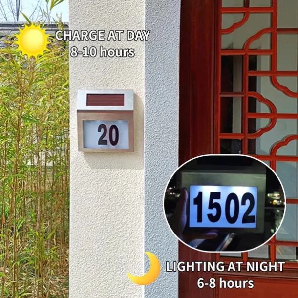 Solar House Number LED Address Sign Address Plaque Stainless Steel Door Number Light Outdoor Waterproof LED House Address Number Indicator Outdoor Garden Street Decoration Lighting Wall Light