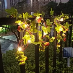Solar Ivy Leaf Rose Leaf String Lights Outdoor LED Hanging Lights Artificial for Valentines Yard Fence Garden Wall Hanging Decoration Lighting Waterproof Light