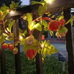 Solar Ivy Leaf Rose Leaf String Lights Outdoor LED Hanging Lights Artificial for Valentines Yard Fence Garden Wall Hanging Decoration Lighting Waterproof Light