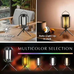 Solar Lanterns Camping Light with tripod Flickering Flame 4 Color Gradient USB Rechargeable Outdoor IPX4 Waterproof Desk Lamp for Camping Courtyard Landscape Festival Decorations 1PC