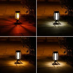 Solar Lanterns Camping Light with tripod Flickering Flame 4 Color Gradient USB Rechargeable Outdoor IPX4 Waterproof Desk Lamp for Camping Courtyard Landscape Festival Decorations 1PC