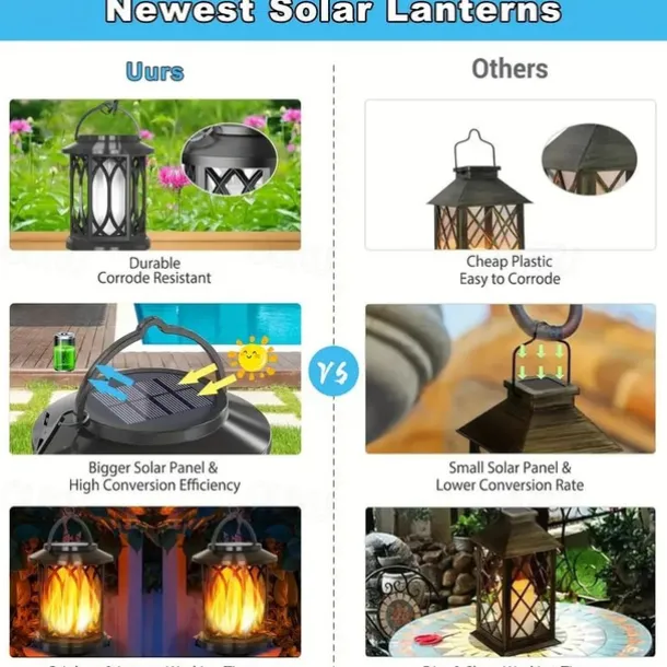 Solar Lanterns Outdoor Waterproof Flickering Flame LED Hanging Lanterns Decorative Outdoor Solar Lights for Garden Patio Pathway Yard Halloween Indoor Outdoor Decorations 1pc