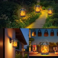 Solar Lanterns Outdoor Waterproof Flickering Flame LED Hanging Lanterns Decorative Outdoor Solar Lights for Garden Patio Pathway Yard Halloween Indoor Outdoor Decorations 1pc