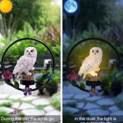 Solar LED Outdoor Lights Owl Hanging Night Light Waterproof Garden Lamp Resin Pendant Courtyard Terrace Holiday Decoration Lighting