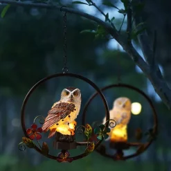 Solar LED Outdoor Lights Owl Hanging Night Light Waterproof Garden Lamp Resin Pendant Courtyard Terrace Holiday Decoration Lighting