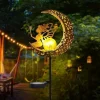 Solar Lights Fairy Moon Shape Garden Lights Outdoor Metal Solar Garden Lights Waterproof LED Glass Ball Outdoor Lights Fairy Figures Elf Garden Solar Light Decoration Patio Path Lawn Halloween Christmas